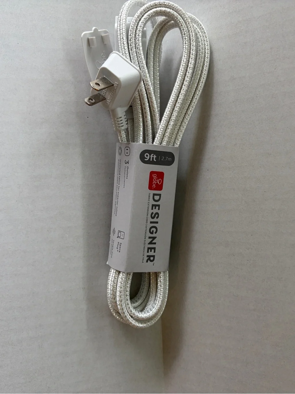 Globe Designer 9ft Braided Extension Cord | 3 Outlet Power Strip White NWT